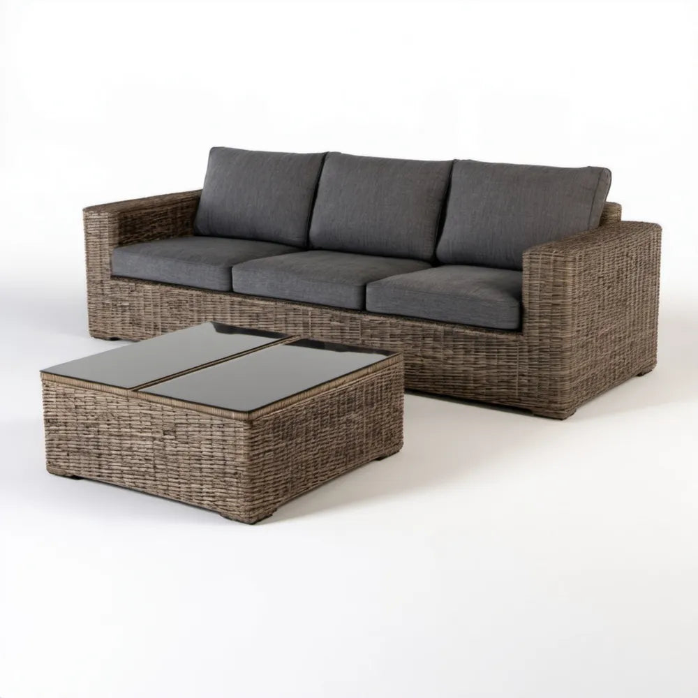 Zestaw mebli ogrodowych z technorattanu – sofa 3-osobowa i stolik, brązowy melanż/ciemnoszary/czarny, 200 × 80 × 70 cm