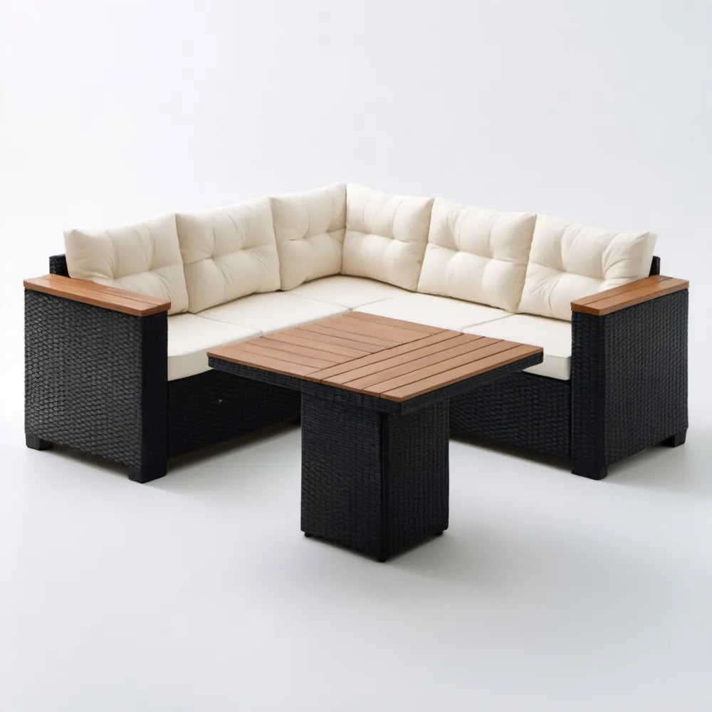 Narożnik ogrodowy z technorattanu PE ze stolikiem 200 × 200 × 65 cm, czarno-kremowo-brązowy