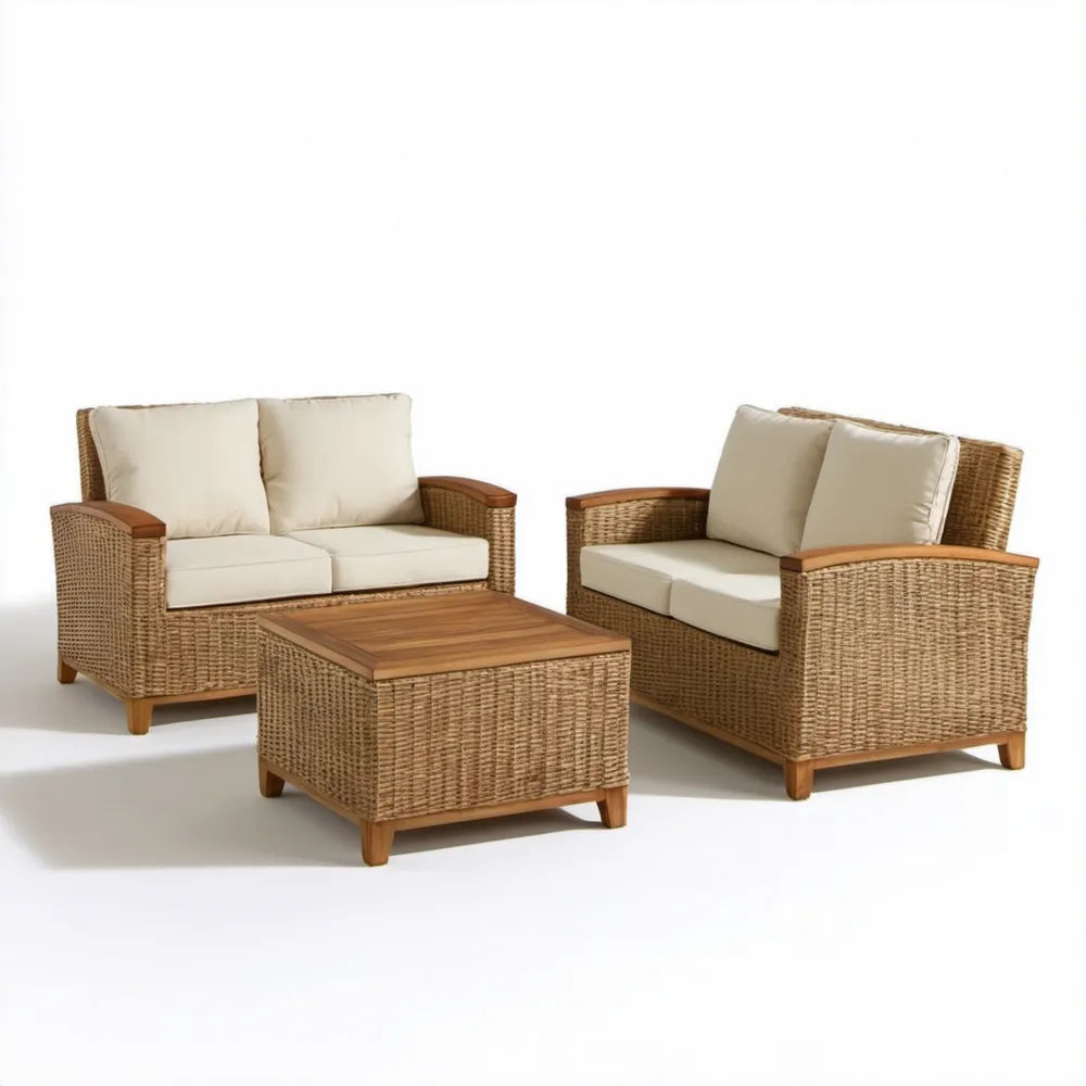 Zestaw wypoczynkowy z technorattanu PE, 2 sofy i stolik kawowy, beżowo-kremowo-brązowy, sofa 150 × 75 × 78 cm