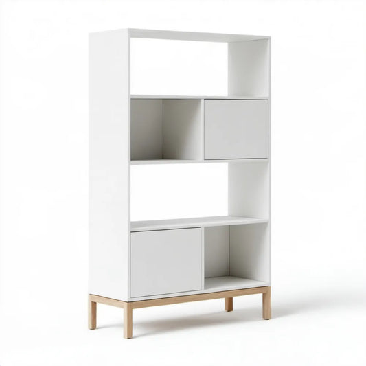 Biały regał z szafkami MDF na nogach bukowych, 80 x 35 x 180 cm