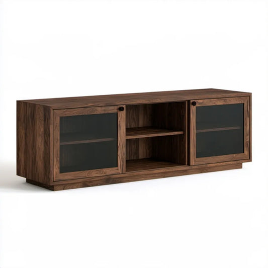 Szafka RTV z litego drewna orzechowego, ciemnobrązowa/czarna, 180 x 45 x 60 cm, z przesuwnymi drzwiami