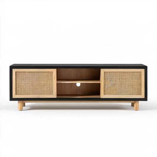 Szafka RTV z MDF, stali i rattanu czarno-naturalna 160 x 40 x 55 cm